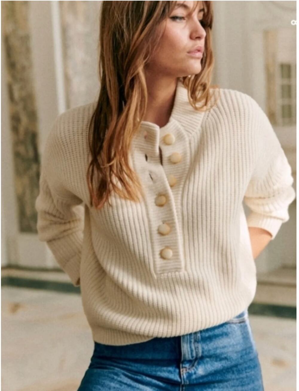 Sezane Lucas Jumper Wool Knit Oversized Button Sweater Ecru Cream Ivory Size XL